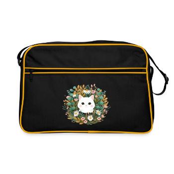 Cat's head in a wreath of flowers - Retro Bag - black/gold - Front