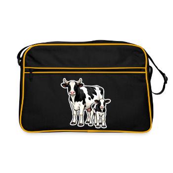 Vache avec veau – Illustration de ferme aimante - Sac Retro - noir/or - Devant