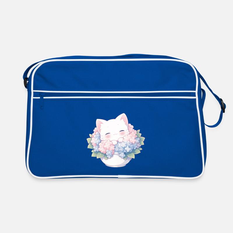 Cute White Cat in Hydrangeas – Kawaii Design Retro Bag