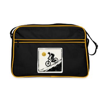 Mountainbiker Holzschnitt Goldene Sonne - Retro Tasche - Schwarz/Gold - Vorne