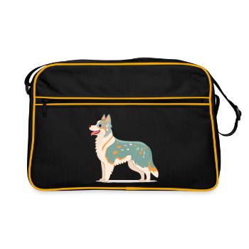 Australian Shepherd Weiß/Grau(Comic) - Retro Tasche - Schwarz/Gold - Vorne