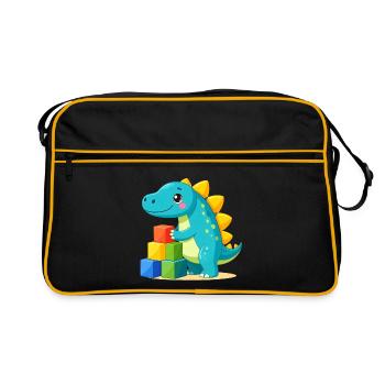 Un petit dinosaure coloré joue avec des blocs de construction - Bande dessinée - Sac Retro - noir/or - Devant