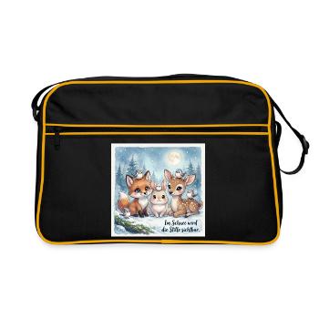 Schneezeit Fuchs Hase Reh - Retro Tasche - Schwarz/Gold - Vorne