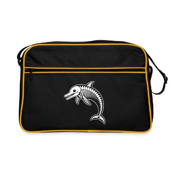 Süßes Skelett Delfin Springend Cartoon Weiß Shirt - Retro Tasche - Schwarz/Gold - Vorne