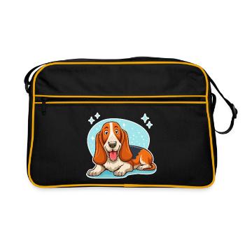 Basset Hound (hellblaue Sterne) - Retro Tasche - Schwarz/Gold - Vorne