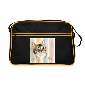 Pastellkatze Aquarellstreifen Katze Maus - Retro Tasche - Schwarz/Gold - Vorne