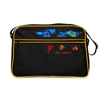 Lets explore! Weltkarte - Retro Tasche - Schwarz/Gold - Vorne