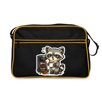Coffee Raccoon – Tired raccoon with coffee machine - Retro Bag - black/gold - Front