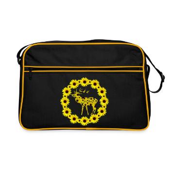 wilder Hirsch mit Sonnenblumen, Sonnenblume blumig - Retro Tasche - Schwarz/Gold - Vorne