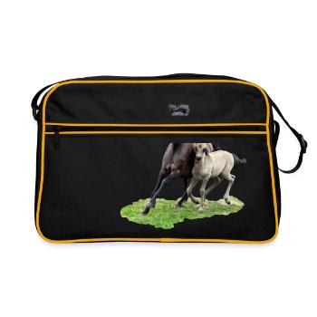 Dülmener Wildpferde Stute mit Fohlen im Galopp - Retro Tasche - Schwarz/Gold - Vorne