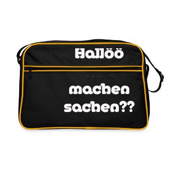 Hallöö was machen sachen??? lustige Sprüche - Retro Tasche - Schwarz/Gold - Vorne