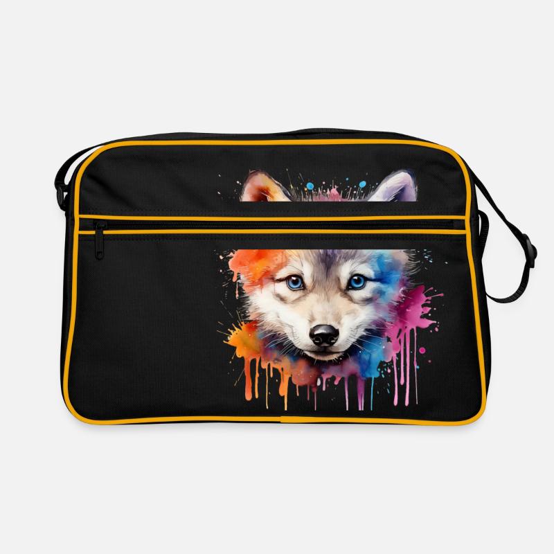wolf, gray wolf, wolf cub - Retro Bag - black/gold