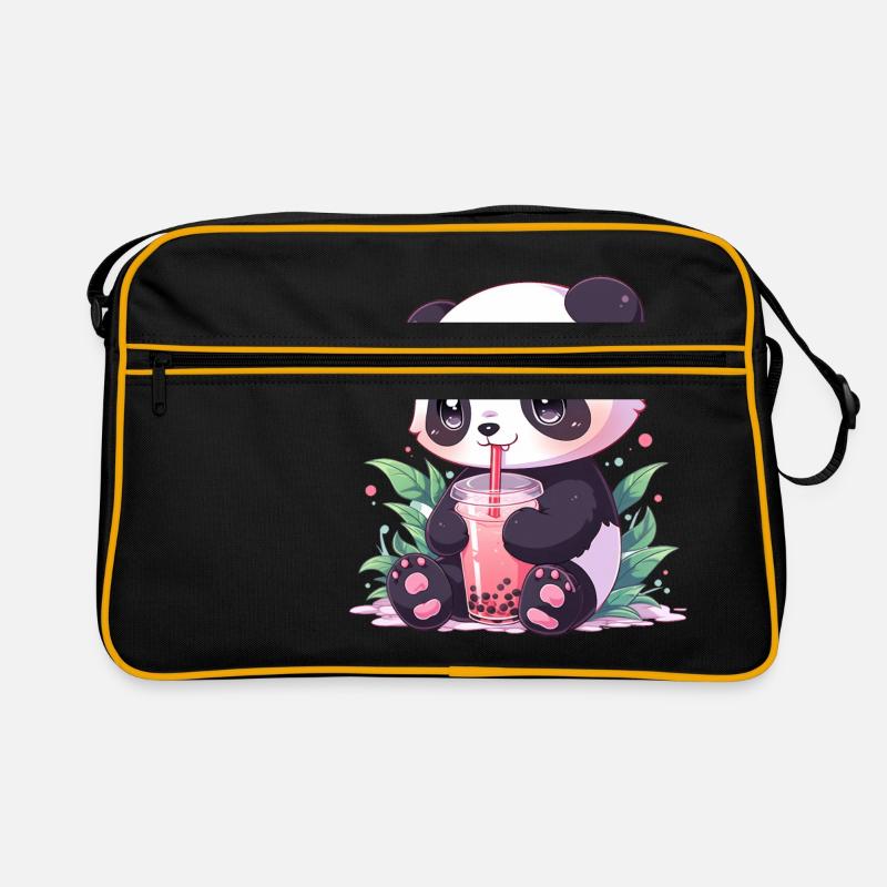 Kawaii Panda bubble tea boba tea - Retro Tasche - Schwarz/Gold