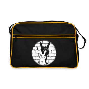 Häschen Rock-Geste vor Backstein - Retro Tasche - Schwarz/Gold - Vorne