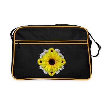Sonnenblumen, Margeriten, Blumen, Blüten, floral - Retro Tasche - Schwarz/Gold - Vorne