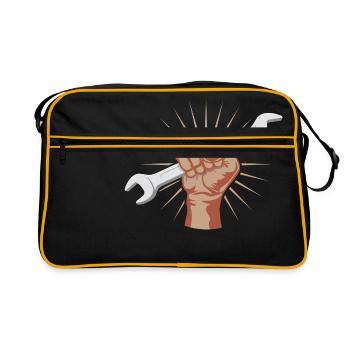 Starker Bastler! Schraubenschluessel Mechaniker - Retro Tasche - Schwarz/Gold - Vorne