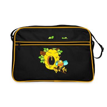 Honigbiene mit Bienenstock am Ast - Retro Tasche - Schwarz/Gold - Vorne