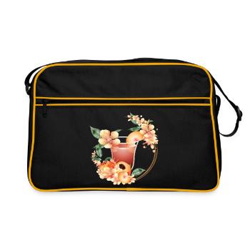 Cocktail mit Pfirsichhälfte & Pfirsichblütenkranz - Retro Tasche - Schwarz/Gold - Vorne