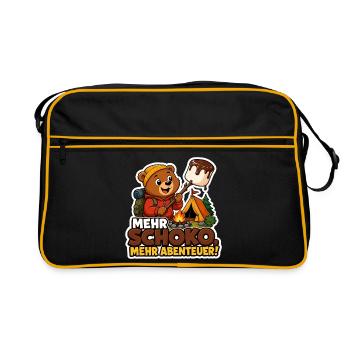 Comic Bär mit Schoko Abenteuer am Lagerfeuer - Retro Tasche - Schwarz/Gold - Vorne