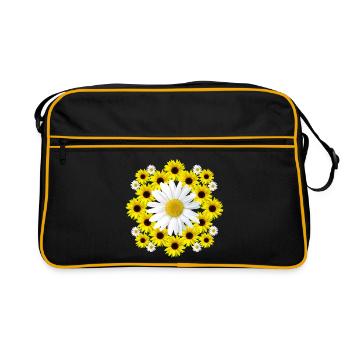 Margeriten Blüte mit gelben Sonnenblumen blumig - Retro Tasche - Schwarz/Gold - Vorne