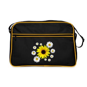 Sonnenblume mit Margeriten Blüten, floral, Blume - Retro Tasche - Schwarz/Gold - Vorne