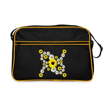 blühende Margeriten Blüte mit Sonnenblumen floral - Retro Tasche - Schwarz/Gold - Vorne