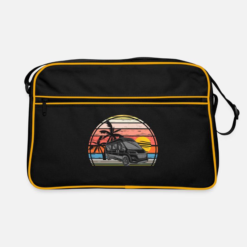 Camping Sonnenuntergang mit Campingbus Campervan - Retro Tasche - Schwarz/Gold
