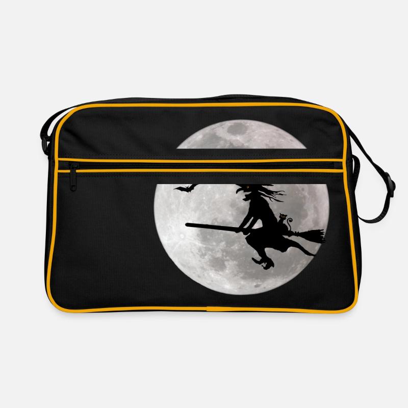 Halloween Hexe mit Katze fliegt am Himmel - Retro Tasche - Schwarz/Gold