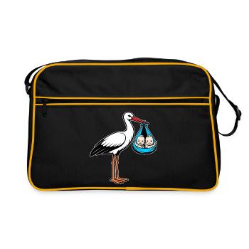 Stork with baby's twins in cloth blue - Retro Bag - black/gold - Front