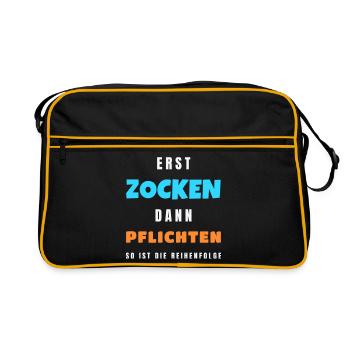 Erst zocken dann Pflichten Gamer Zocker Spruch - Retro Tasche - Schwarz/Gold - Vorne