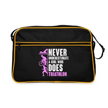 Unterschätzen Sie niemals ein Mädchen, das Triathlon Tria macht - Retro Tasche - Schwarz/Gold - Vorne