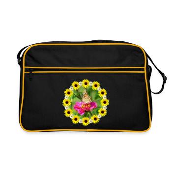 Schmetterling Sonnenblumen Margeriten Blüte floral - Retro Tasche - Schwarz/Gold - Vorne