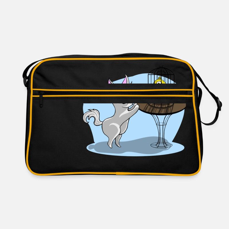 Katze mit Vogel - Retro Tasche - Schwarz/Gold