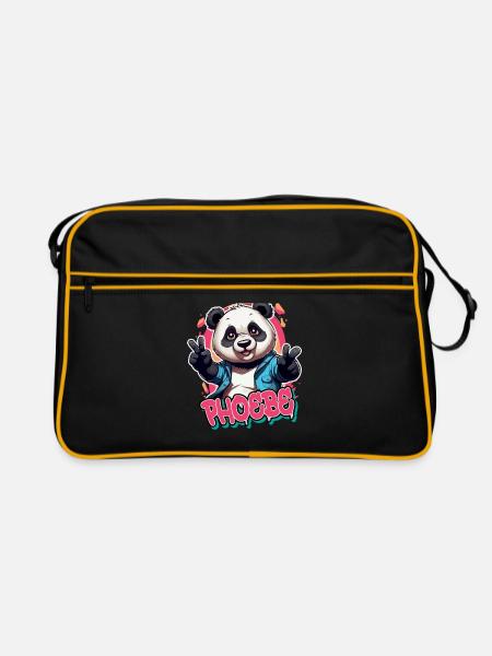 PHOEBE - Schöner Mädchen Name mit coolem Panda - Retro Tasche - Schwarz/Gold - Vorne