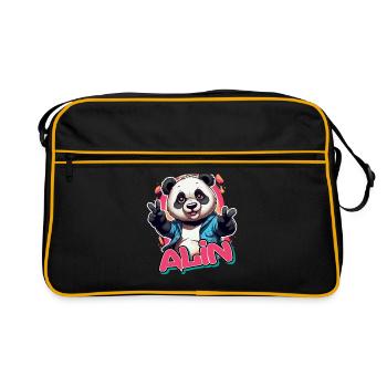 ALIN - Schöner Mädchen Name mit coolem Panda - Retro Tasche - Schwarz/Gold - Vorne
