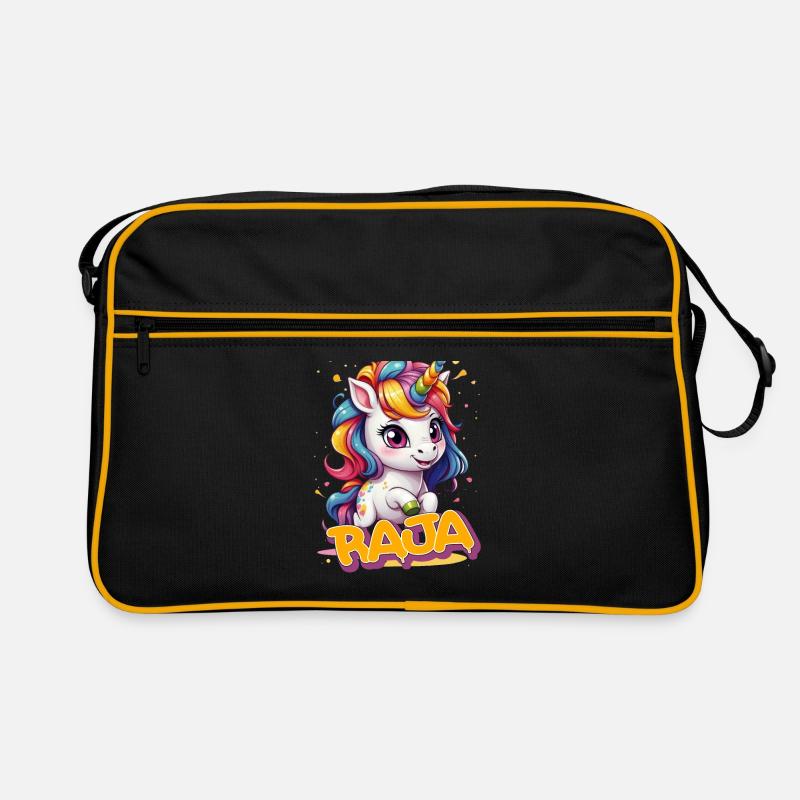 RAJA - Schöner Mädchen Name mit süßem Einhorn Retro Tasche