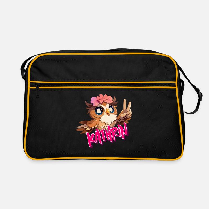 KATHRIN - Schöner Mädchen Name mit süßer EULE - Retro Tasche - Schwarz/Gold