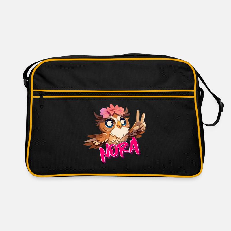 NORA - Schöner Mädchen Name mit süßer EULE - Retro Tasche - Schwarz/Gold