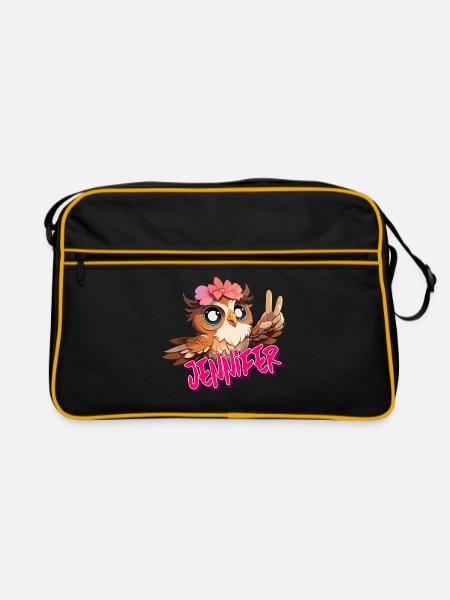 JENNIFER - Schöner Mädchen Name mit süßer EULE - Retro Tasche - Schwarz/Gold - Vorne