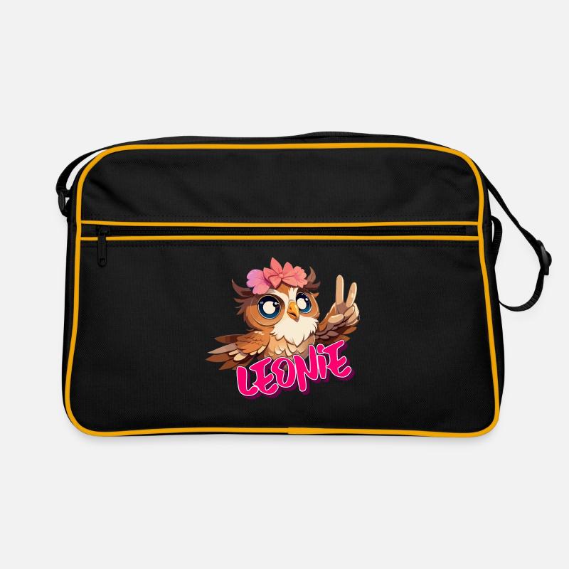 LEONIE - Schöner Mädchen Name mit süßer EULE - Retro Tasche - Schwarz/Gold