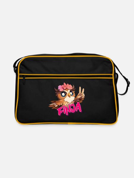 FINJA - Schöner Mädchen Name mit süßer EULE - Retro Tasche - Schwarz/Gold - Vorne
