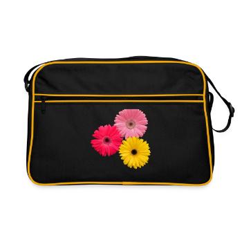 bunte blühende Gerbera Blumen, Gerberas, Blüten, - Retro Tasche - Schwarz/Gold - Vorne