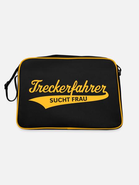 Treckerfahrer – Sucht Frau (Trecker / Traktor) - Retro Tasche - Schwarz/Gold - Hinten