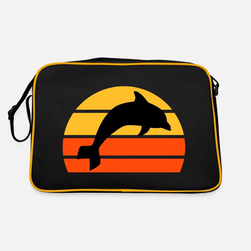 Springender Delphin vor einer geteilten Halbsonne Retro Tasche