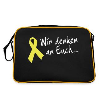 Gelbe Schleife Solidarität - Wir denken an Euch - Retro Tasche - Schwarz/Gold - Hinten