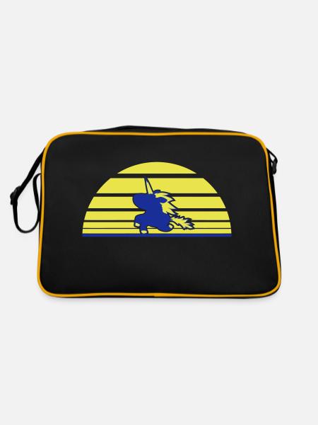 Einhorn Springt Sonne Streifen Süß Cool Silhouette - Retro Tasche - Schwarz/Gold - Hinten