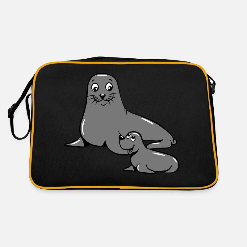seehund mama baby - Retro Tasche - Schwarz/Gold