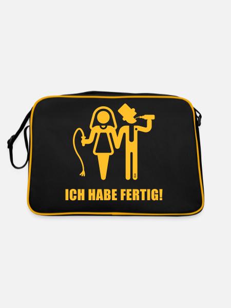 Ich Habe Fertig! (JGA / Peitsche / Bier / White) - Retro Tasche - Schwarz/Gold - Hinten