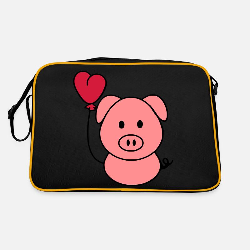 Schweinchen mit Herzballon - Retro Tasche - Schwarz/Gold