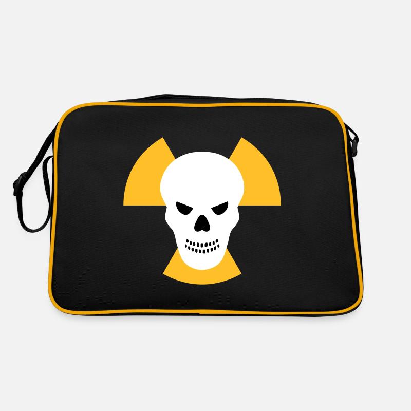Schädel mit bösem Blick vor Strahlenwarnzeichen Retro Tasche